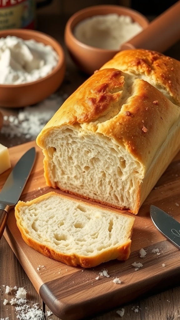A golden crusted loaf of homemade bread sliced on a wooden board with a butter knife.